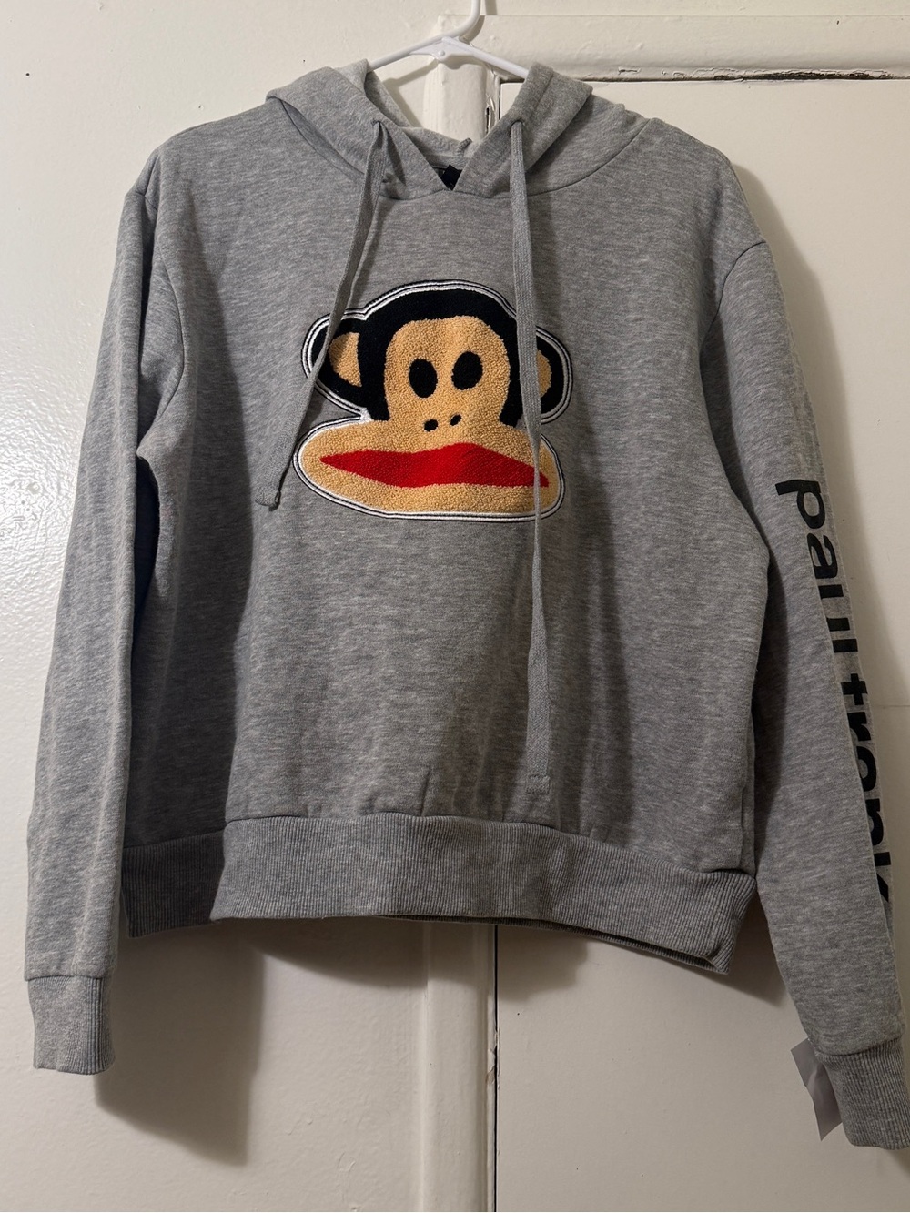 Paul Frank Julius The Monkey Hoodie Sweatshirt Heather Grey Sleeve Spellout L